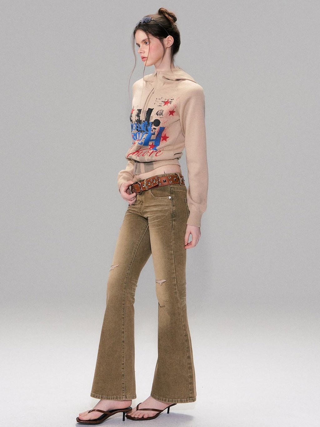 Brown Washed Low Rise Ripped Sexy Slim Fit Cotton Slight Stretch Womens Jeans