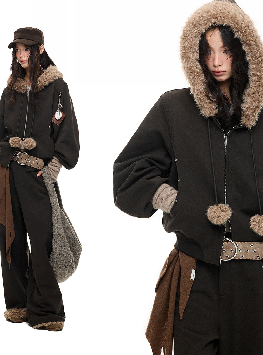 Trim Faux Fur Hoodie & Wide Pants