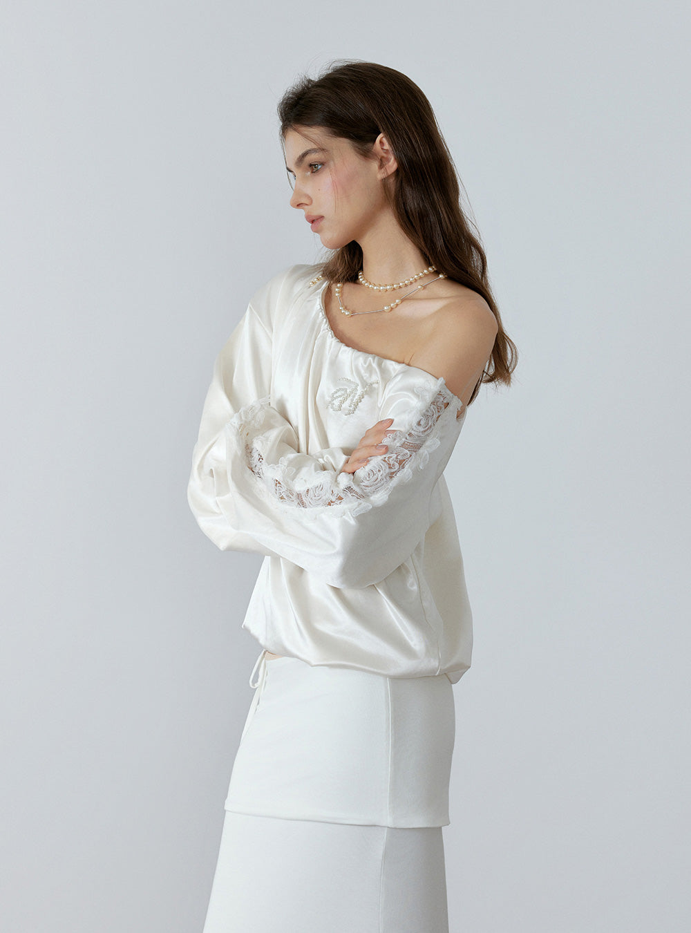 Matte Satin One-Shoulder Lace Top