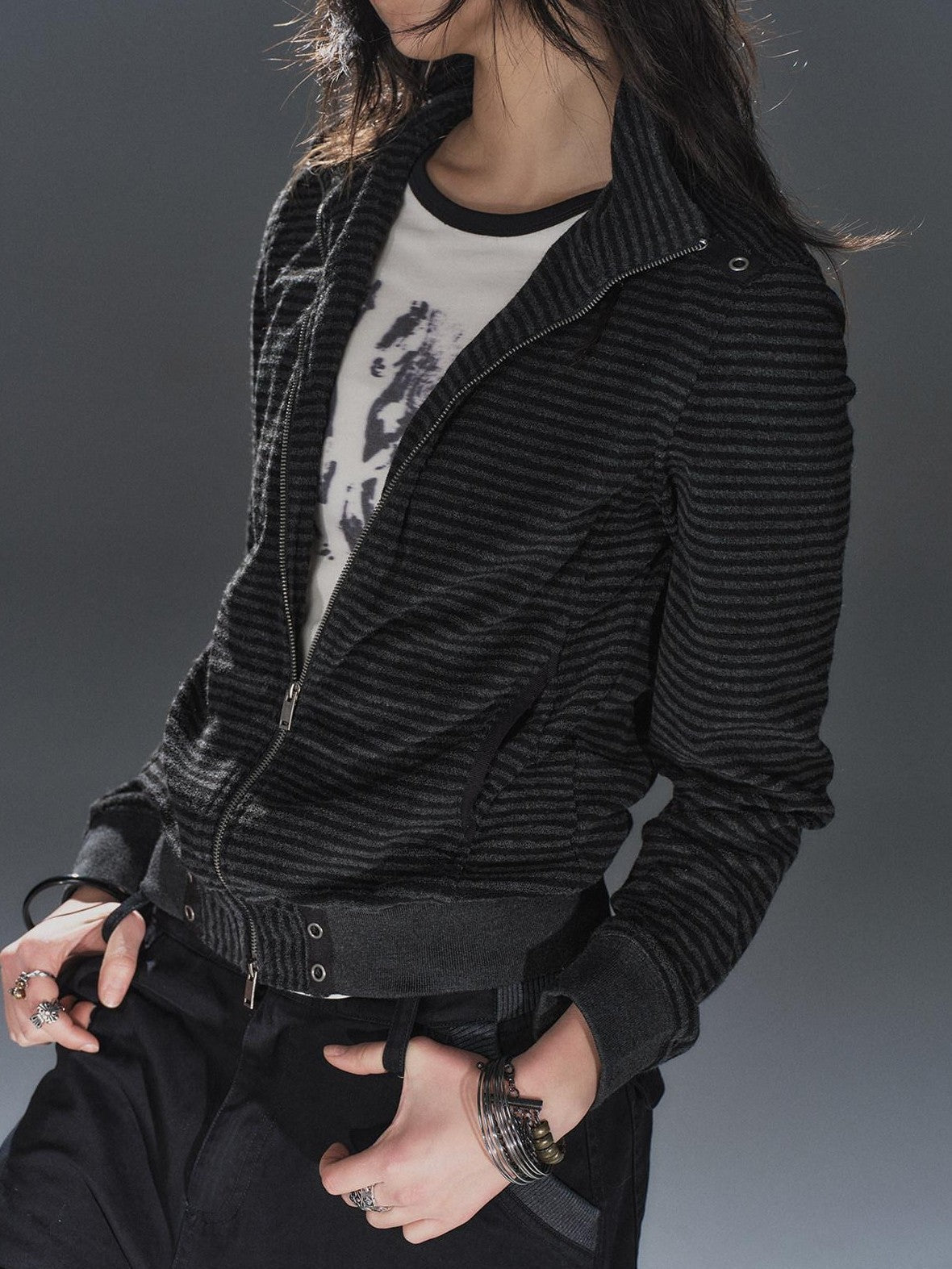 Black Gray Striped Eyelet Tape Splice Punk Women'S Polyester Casual Jackets