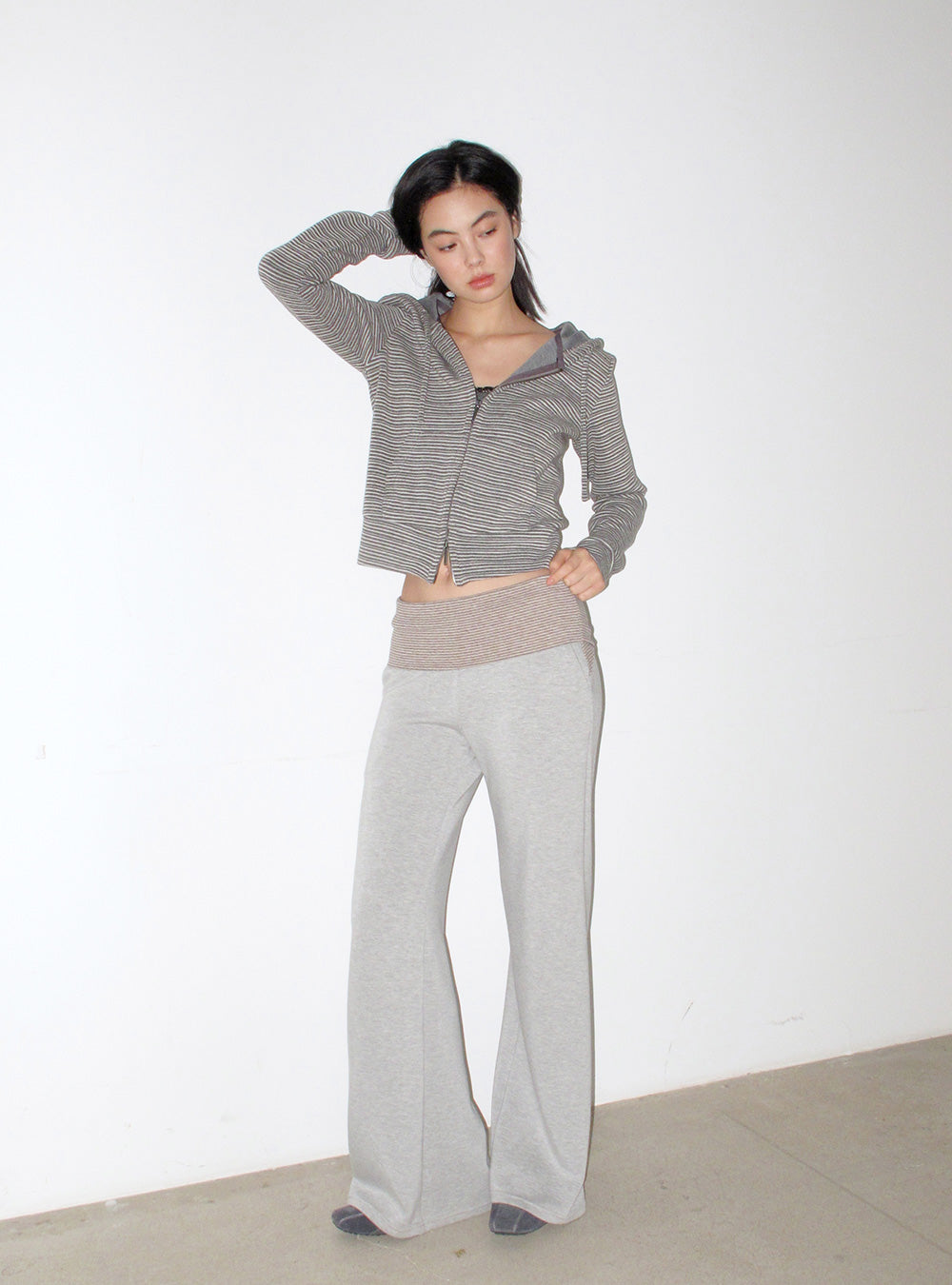 Basic Cropped Striped Hooded Jacket (2color)