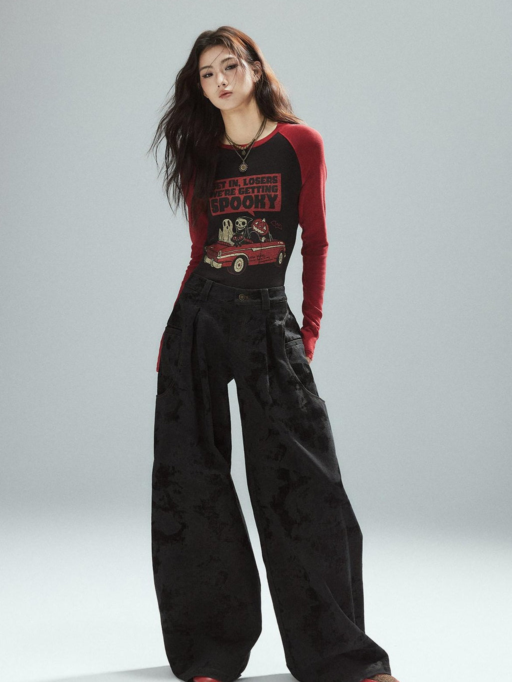 Black Cotton Flocked Low Rise Loose Street Women Zip Fly Wide Leg Jeans