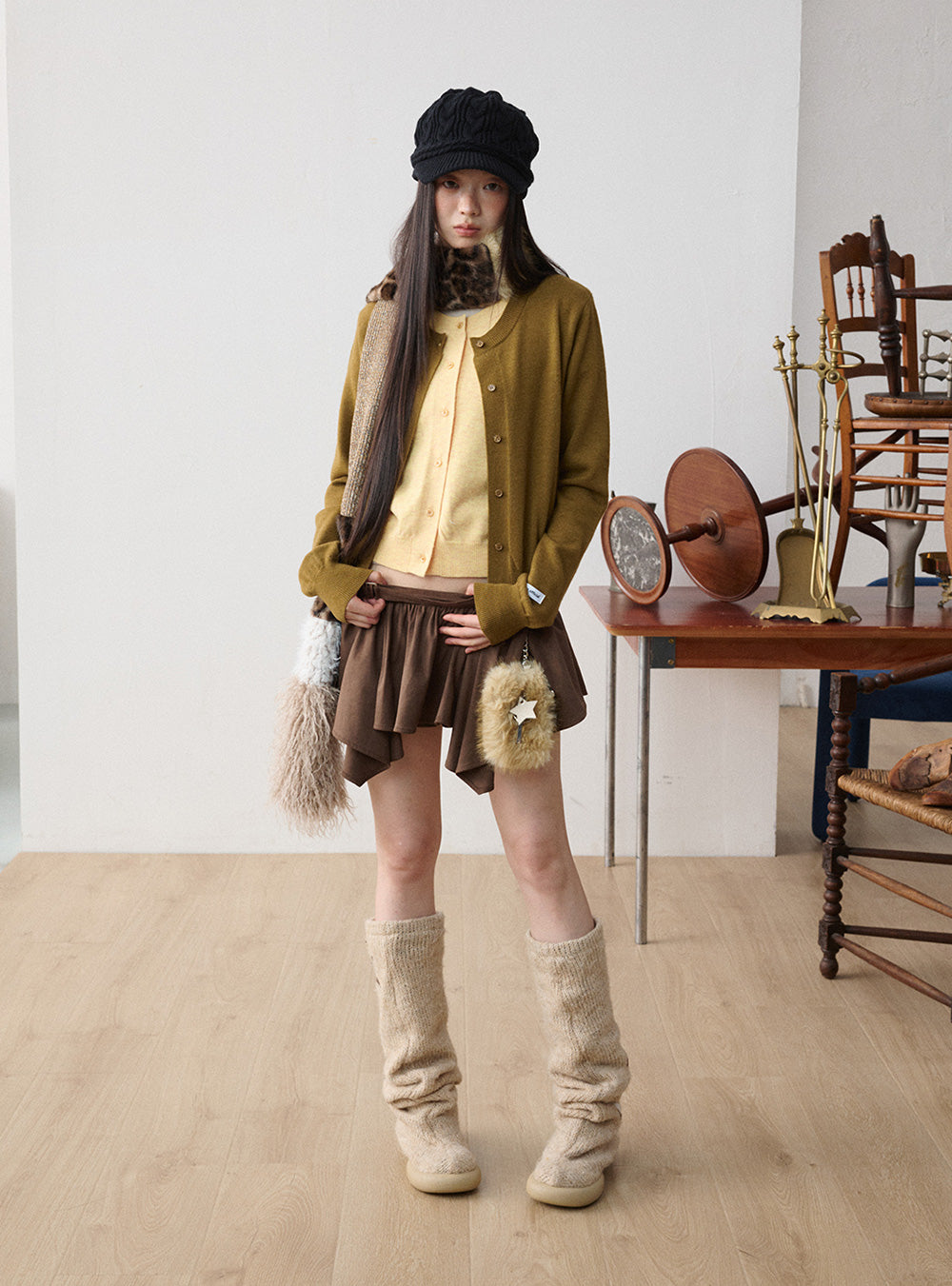 Khaki Overlapping Style Knit Cardigan
