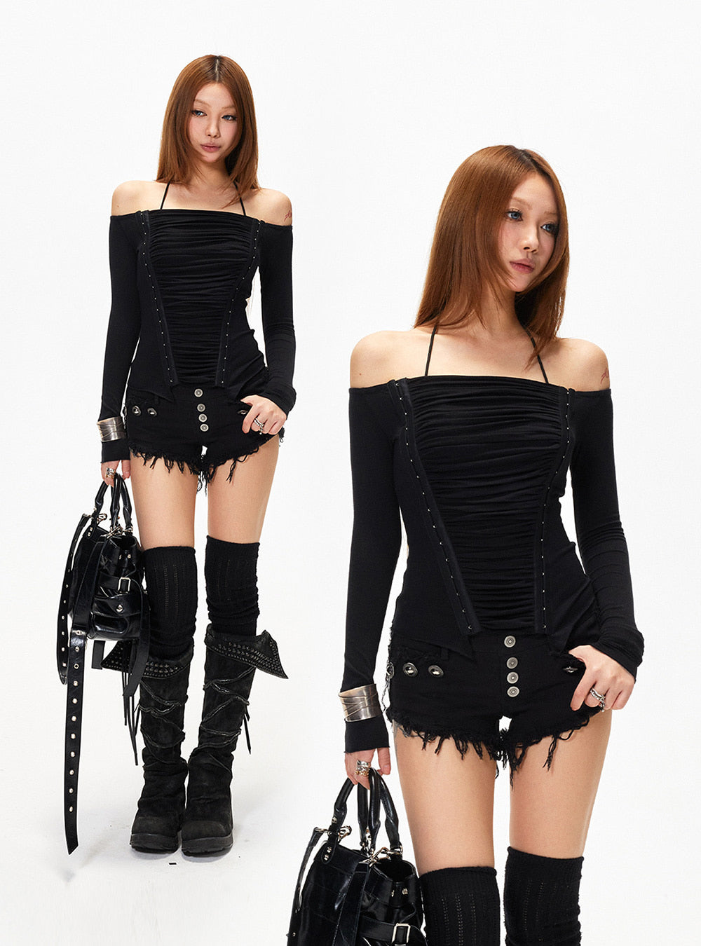 Black Oblique Strap Long Sleeve Top