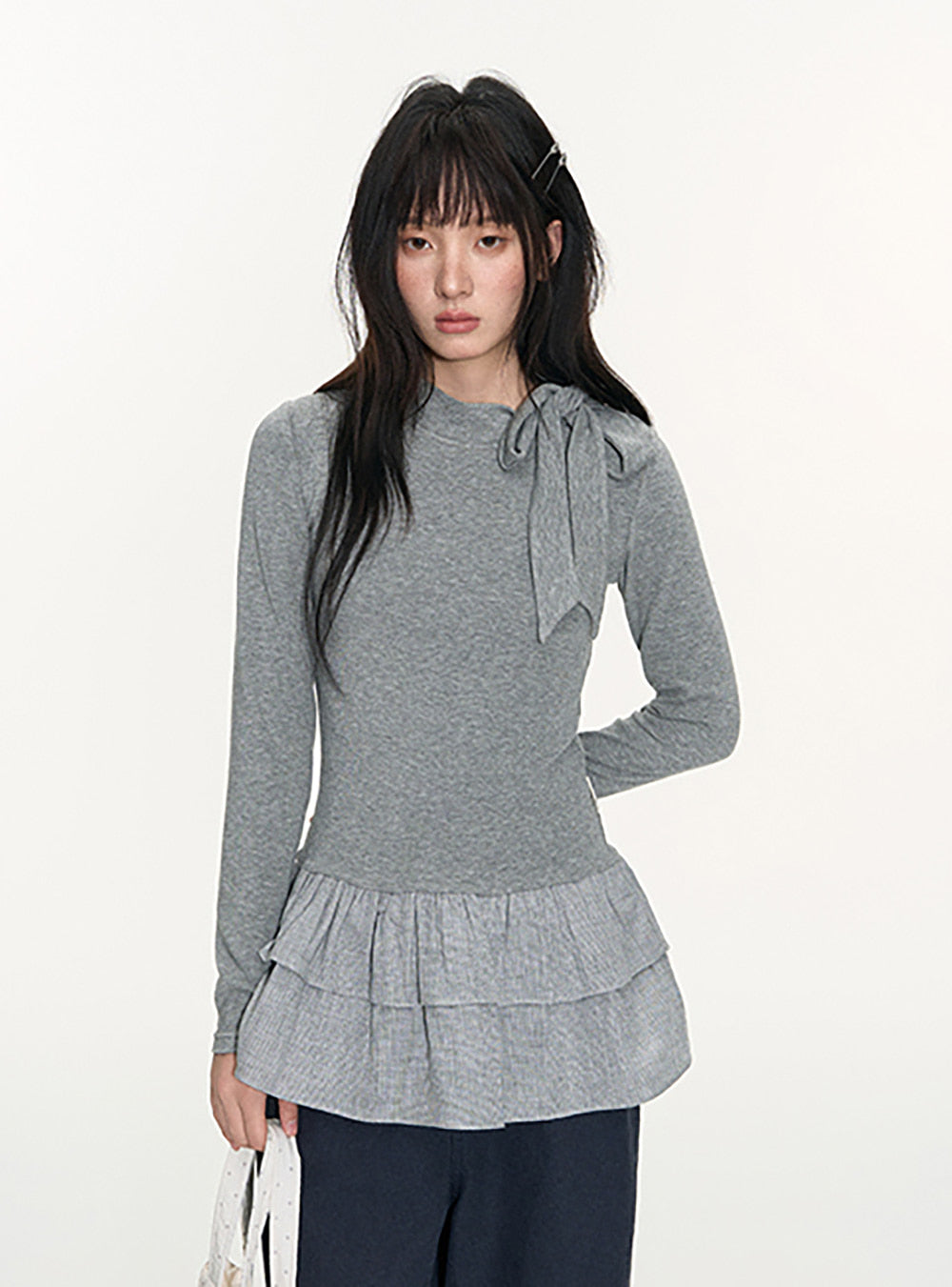 Light Gray Ribbon Layered Top