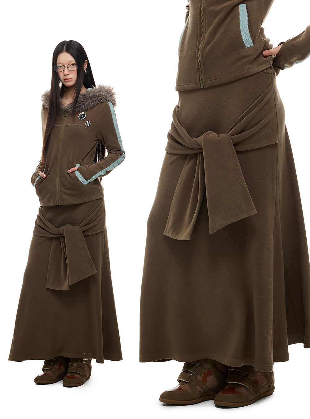 Cozy Fur Trim Hoodie & Long Skirt