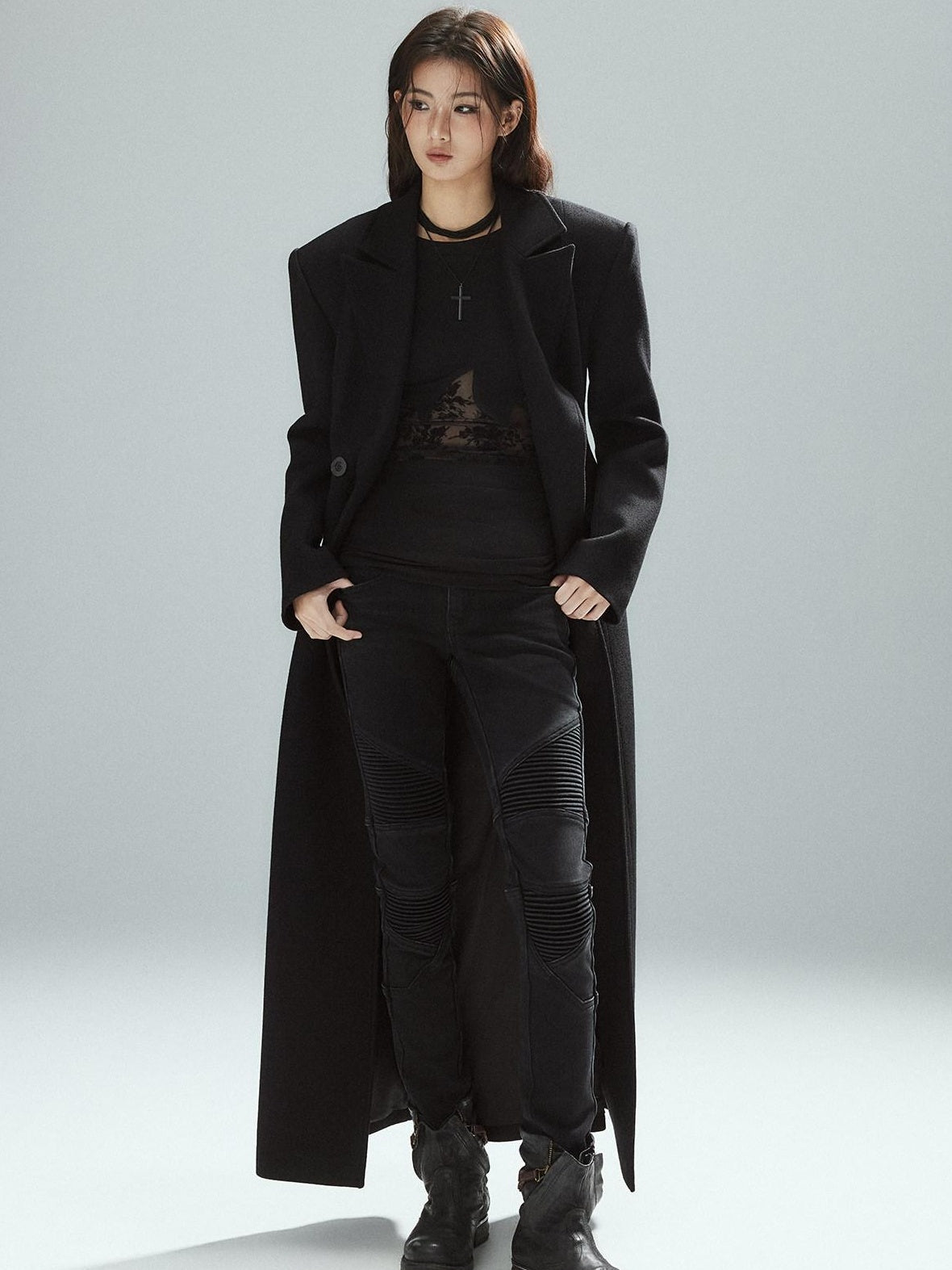 Asymmetrical Patchwork Slim Streetwear Black Lyocell Long Sleeve T-Shirts