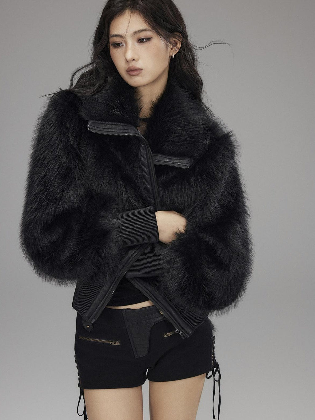 Warm Thick Black Sexy Slim Fit Spandex Zipper Lapel Women Cropped Jackets