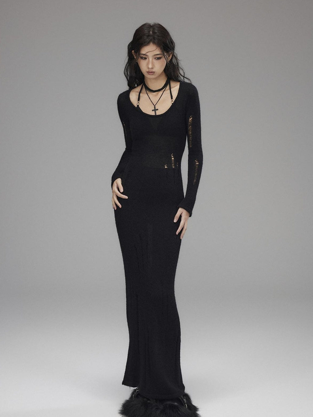 Waist Defining Wool Knit Tassel Casual Long Sleeve Round Neck Black Maxi Dresses