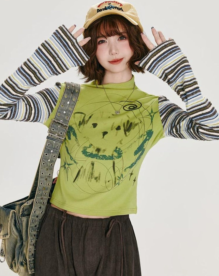 Girlyhalo |  RETRO STRIPED LONG-SLEEVE TOP【ID:TN00007】