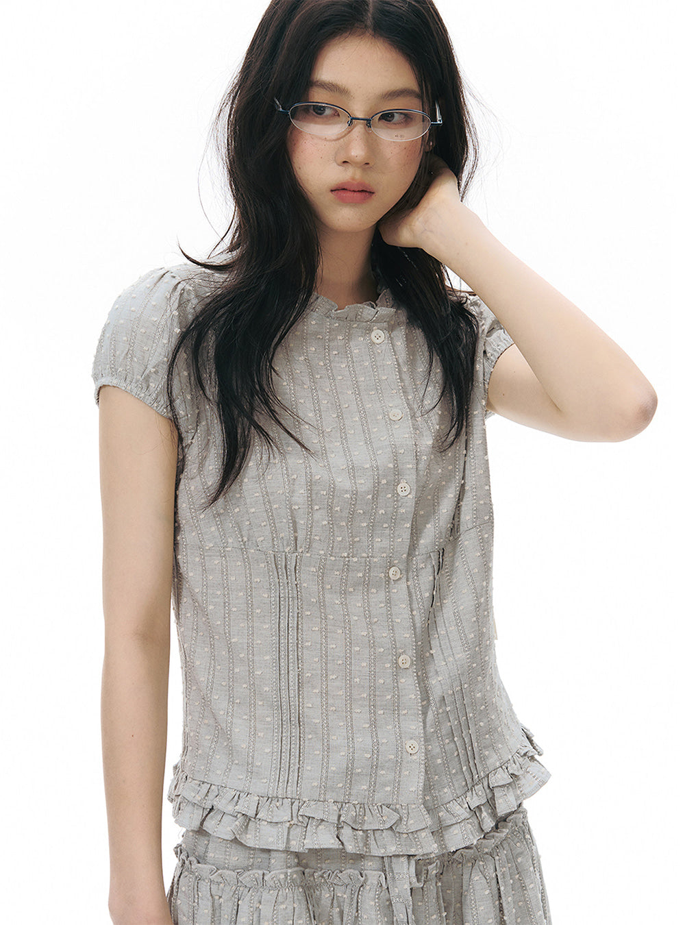 Frill Waist Panel Button Blouse (2color)