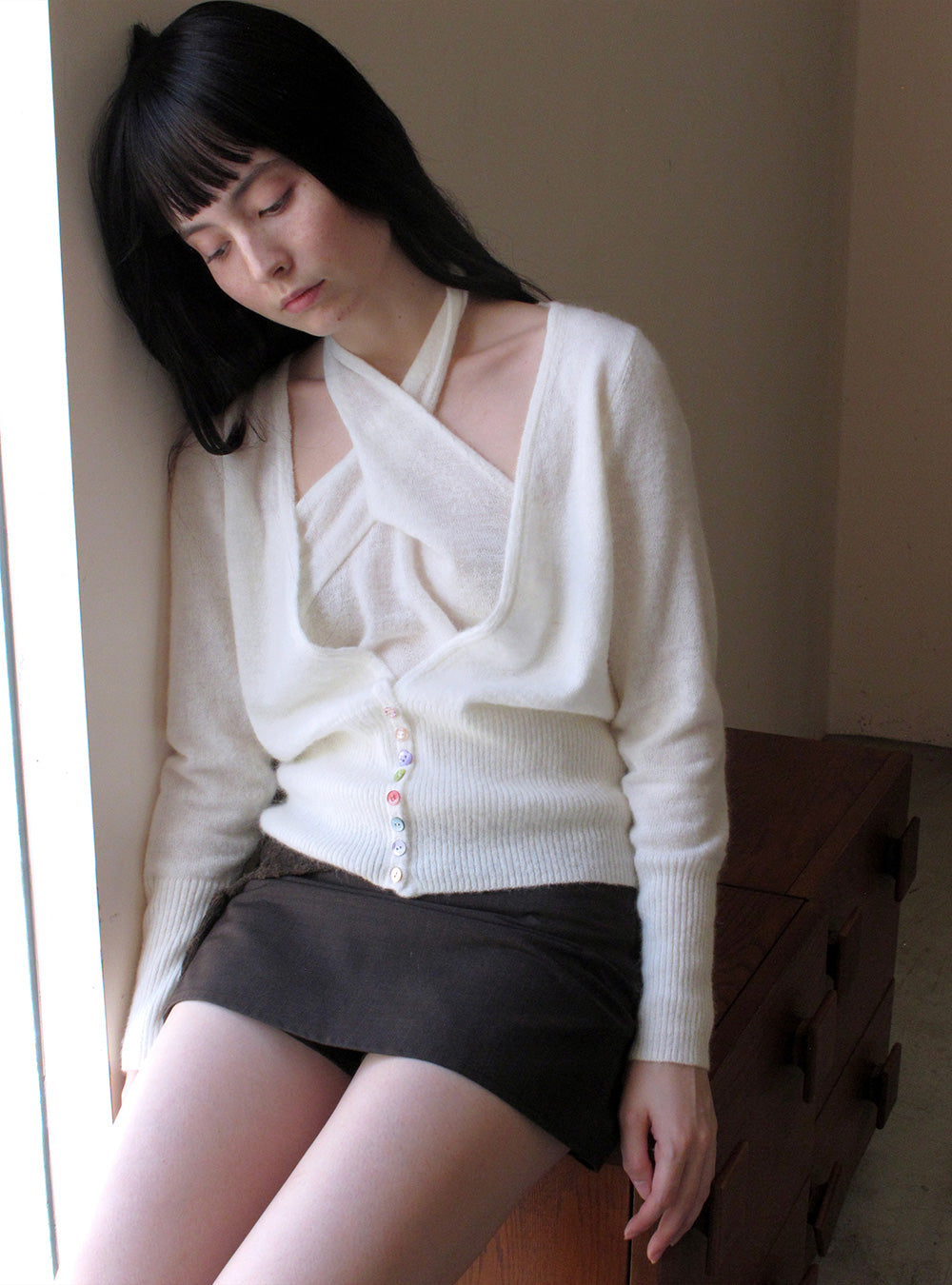 Alpaca White Knit Halter Vest & Cardigan