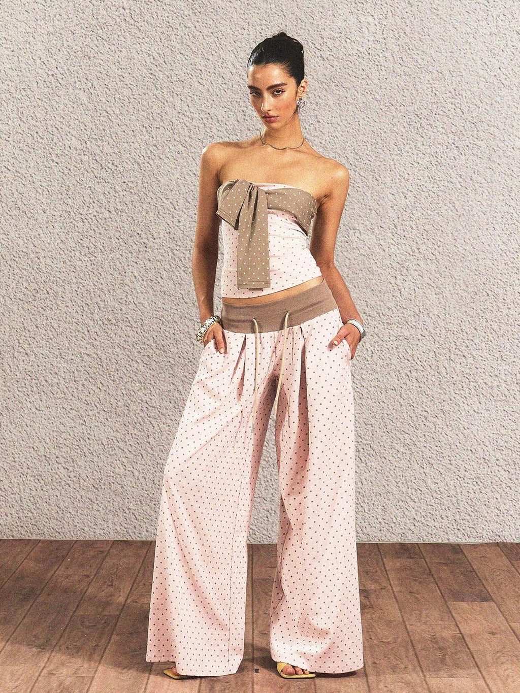 Polka Dot Cotton Two Piece Colorblock Sexy High Waist Pants Tube Tops