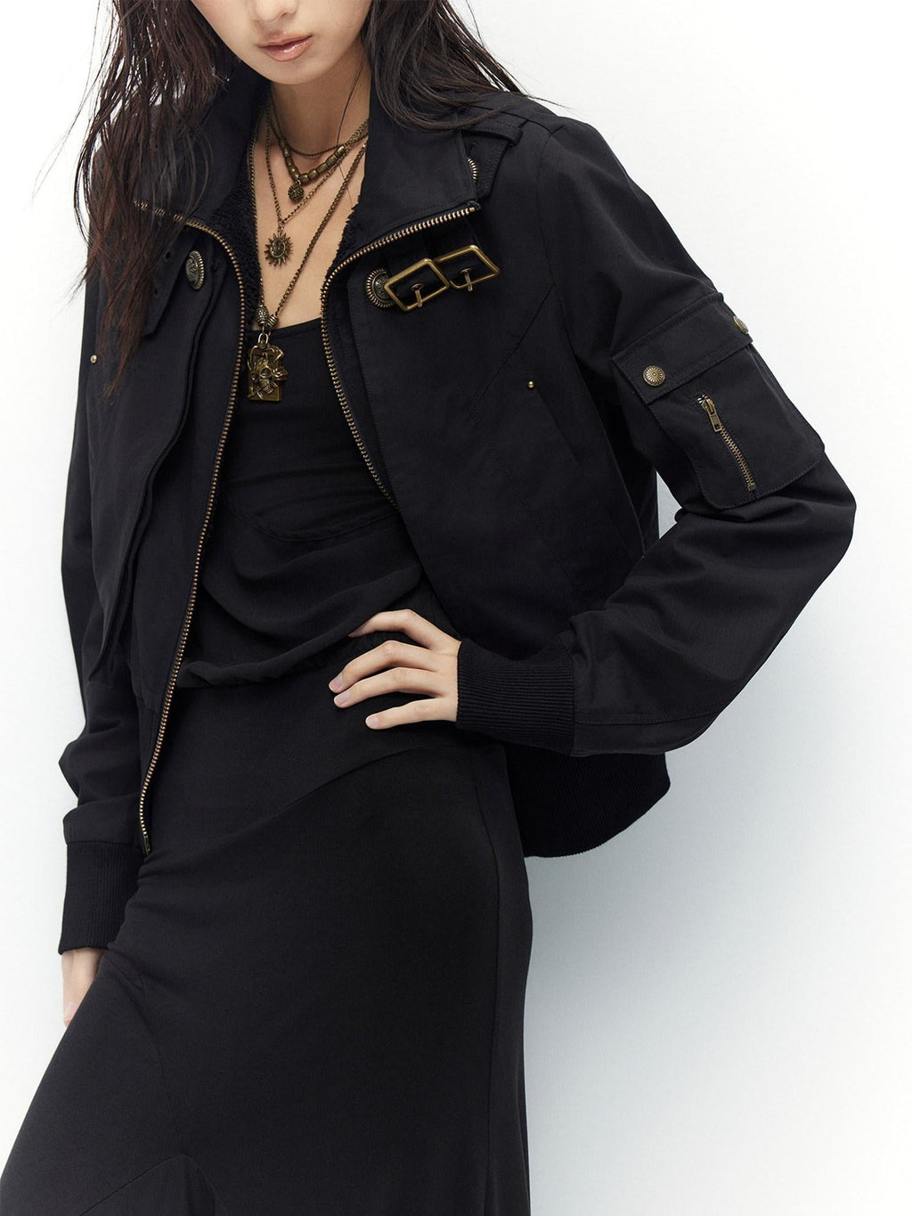 Plush Lined Waist Cinch Dark Goth Slim Fit Women Zip High Collar Cropped Jackets