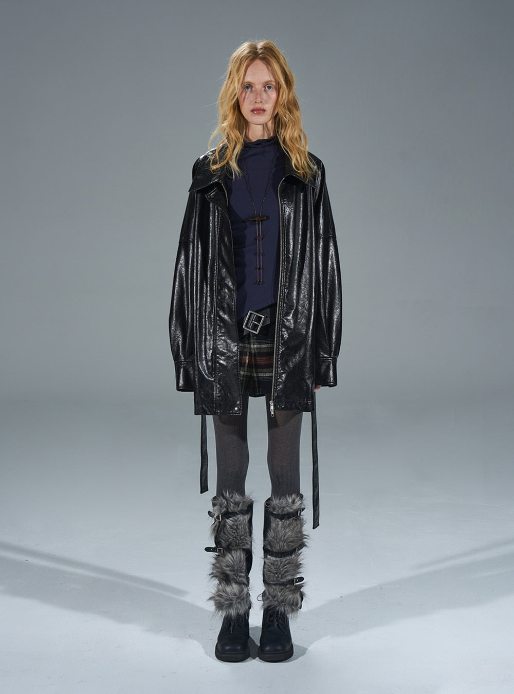 Glossy Black Belted Long Leather Coat