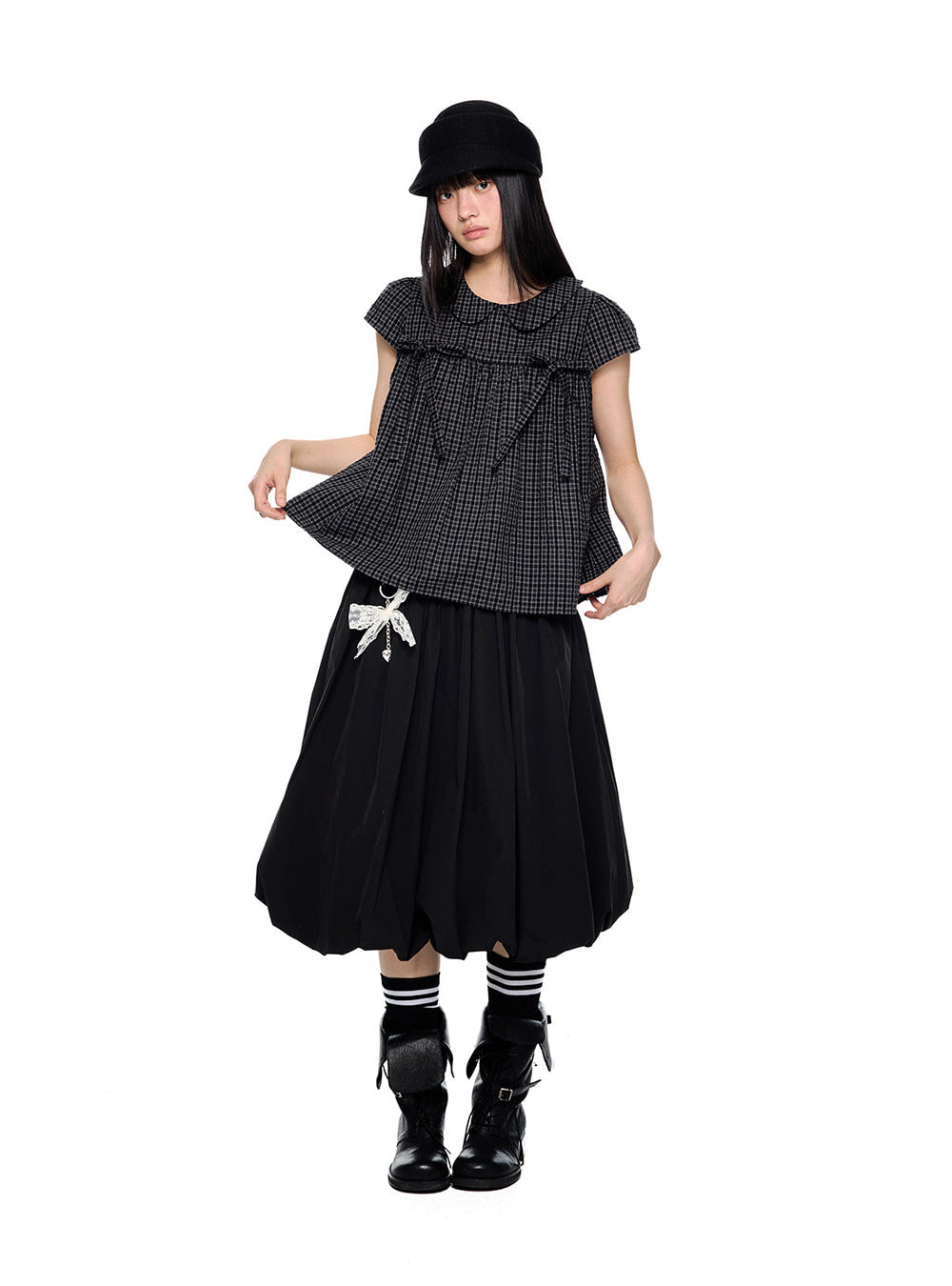 Petal Doll Check Ribbon Blouse Top
