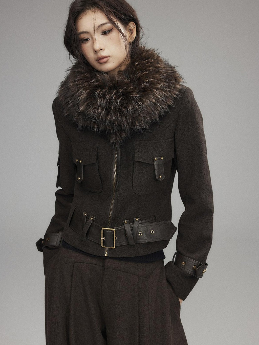 Thick Wool Blend Slim Fit Sexy Lapel Zipper Brown Everyday Women Cropped Jackets