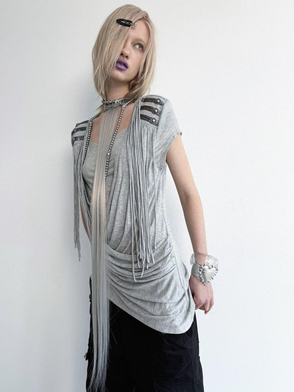 Desert Sand Asymmetric Draped Tassel Knit Women'S Lyocell Short Sleeve T-Shirts