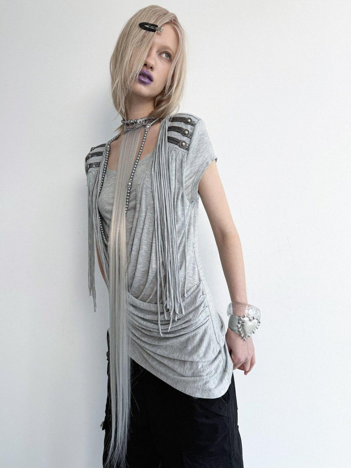 Desert Sand Asymmetric Draped Tassel Knit Women'S Lyocell Short Sleeve T-Shirts