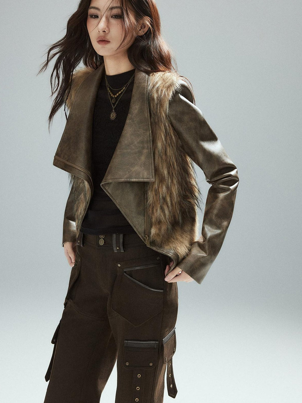 Thick Waist Cinch Patchwork Street Style Women Brown Zipper Lapel Cropped Jackets