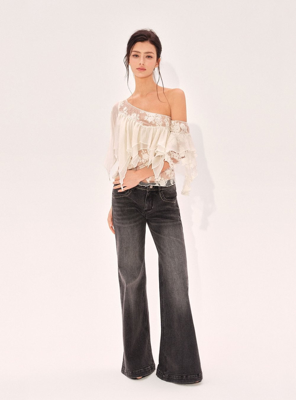 Ruffle Lace Asymmetry Top