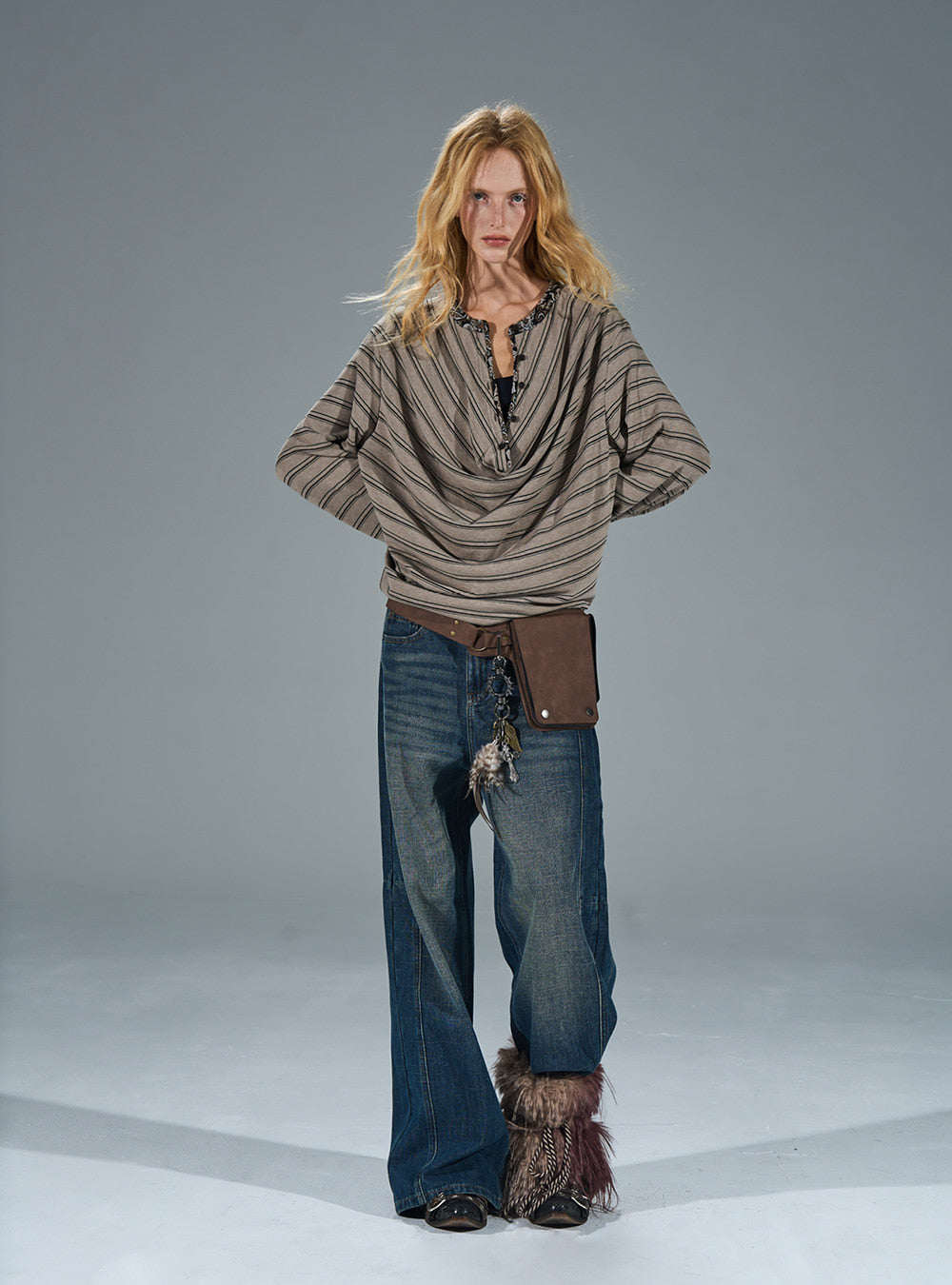 Blue-Gray Textured Straight Distressed Jeans