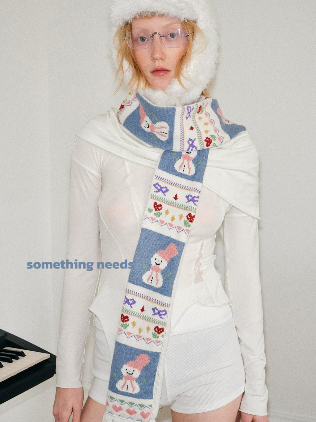TRIA SELECT | WINTER SNOWMAN EMBROIDERED SCARF【ID:TN00079】
