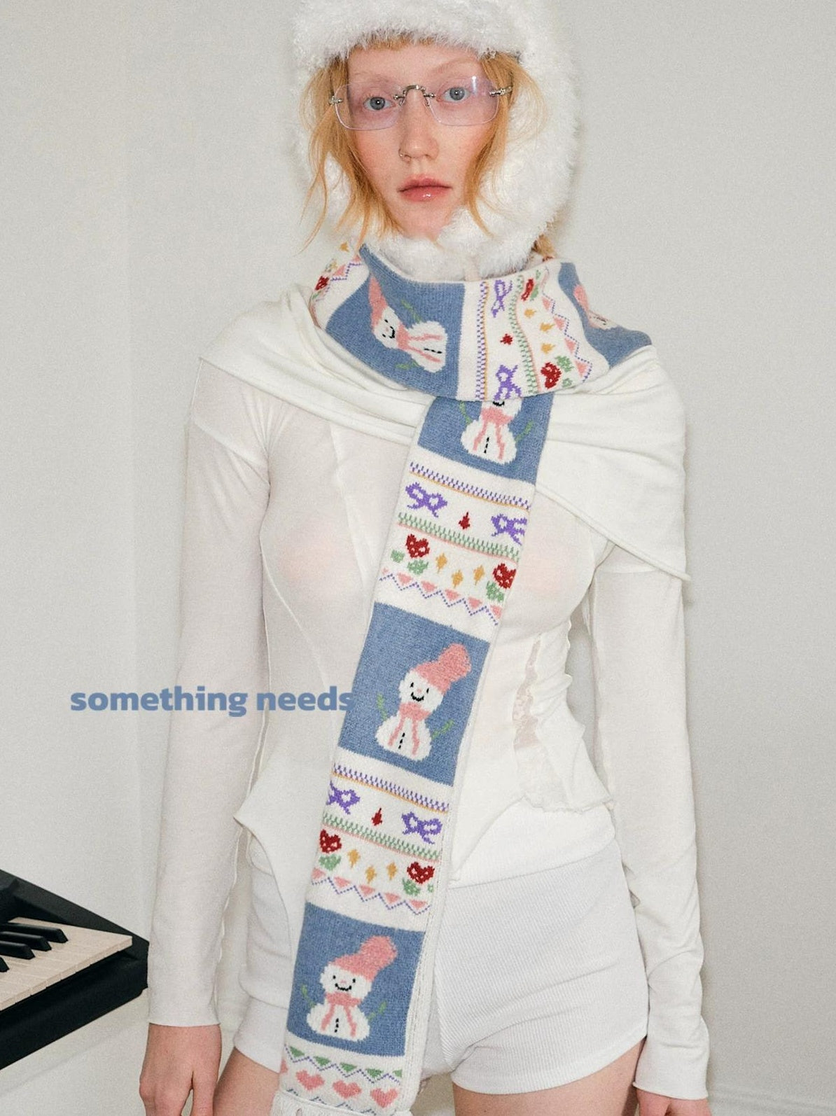 TRIA SELECT | WINTER SNOWMAN EMBROIDERED SCARF【ID:TN00079】