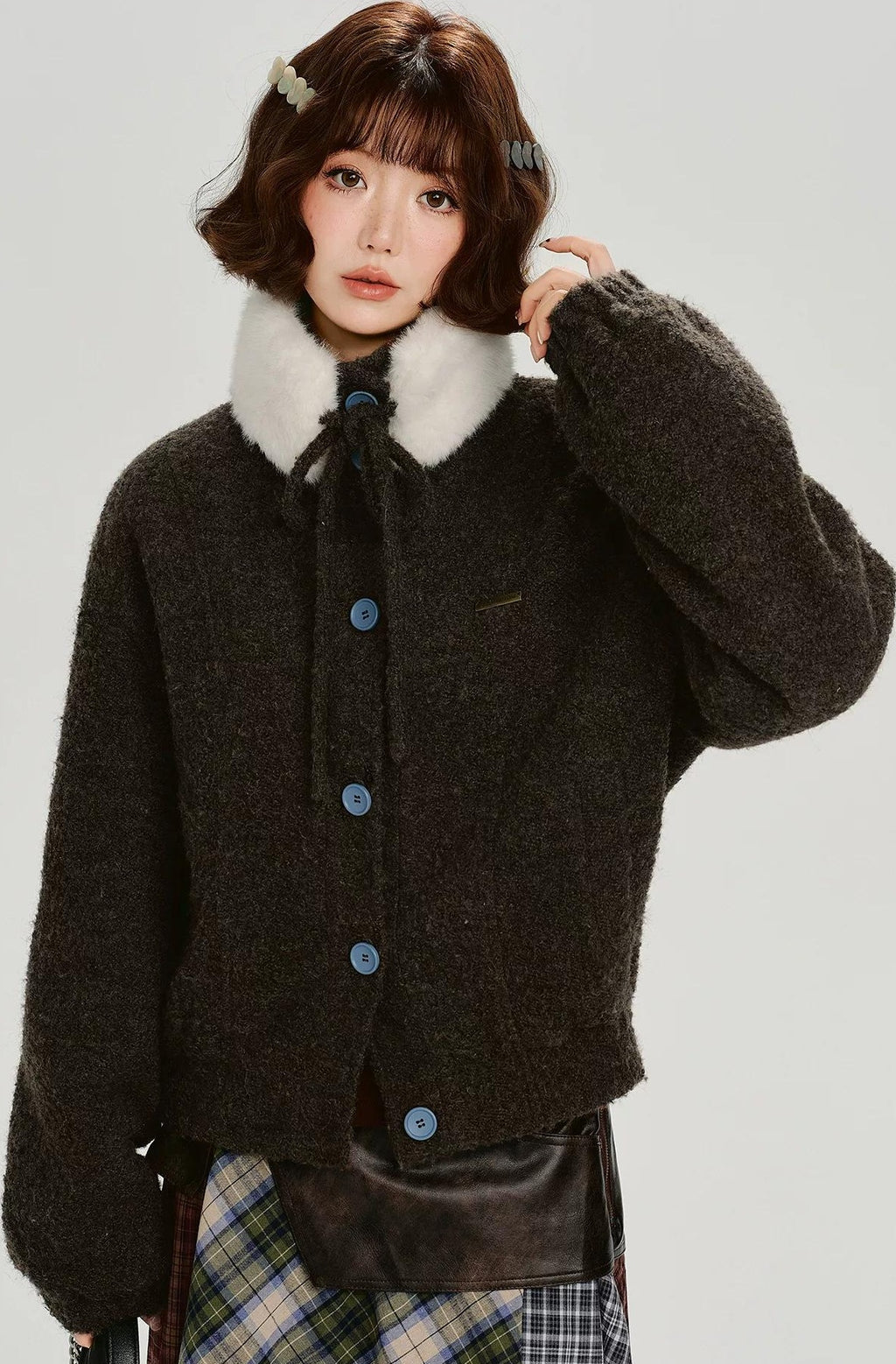 Girlyhalo |  RETRO FUR COLLAR TWEED JACKET【ID:TN00012】