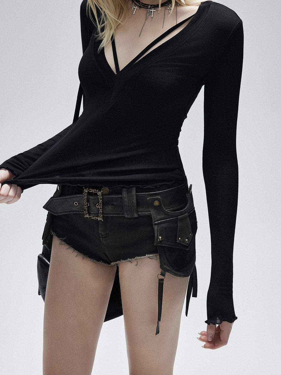 Lyocell Wool Blend Printed Slim V-neck Pullover Women Long Sleeve Crop Tops