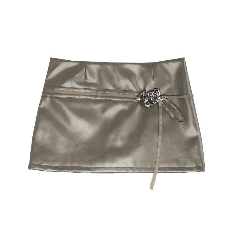 Sexy High Waist Pu A Line Zipper Aesthetic For Women Champagne Mini Skirts