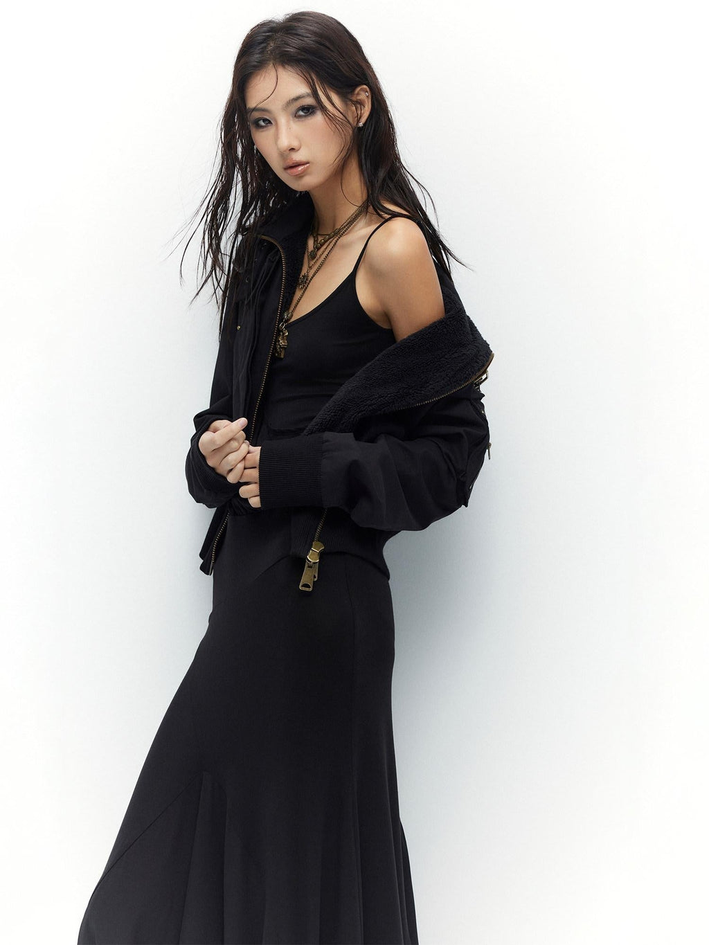 Plush Lined Waist Cinch Dark Goth Slim Fit Women Zip High Collar Cropped Jackets