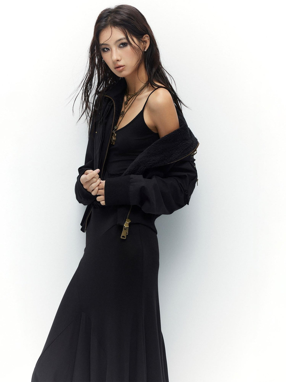 Plush Lined Waist Cinch Dark Goth Slim Fit Women Zip High Collar Cropped Jackets
