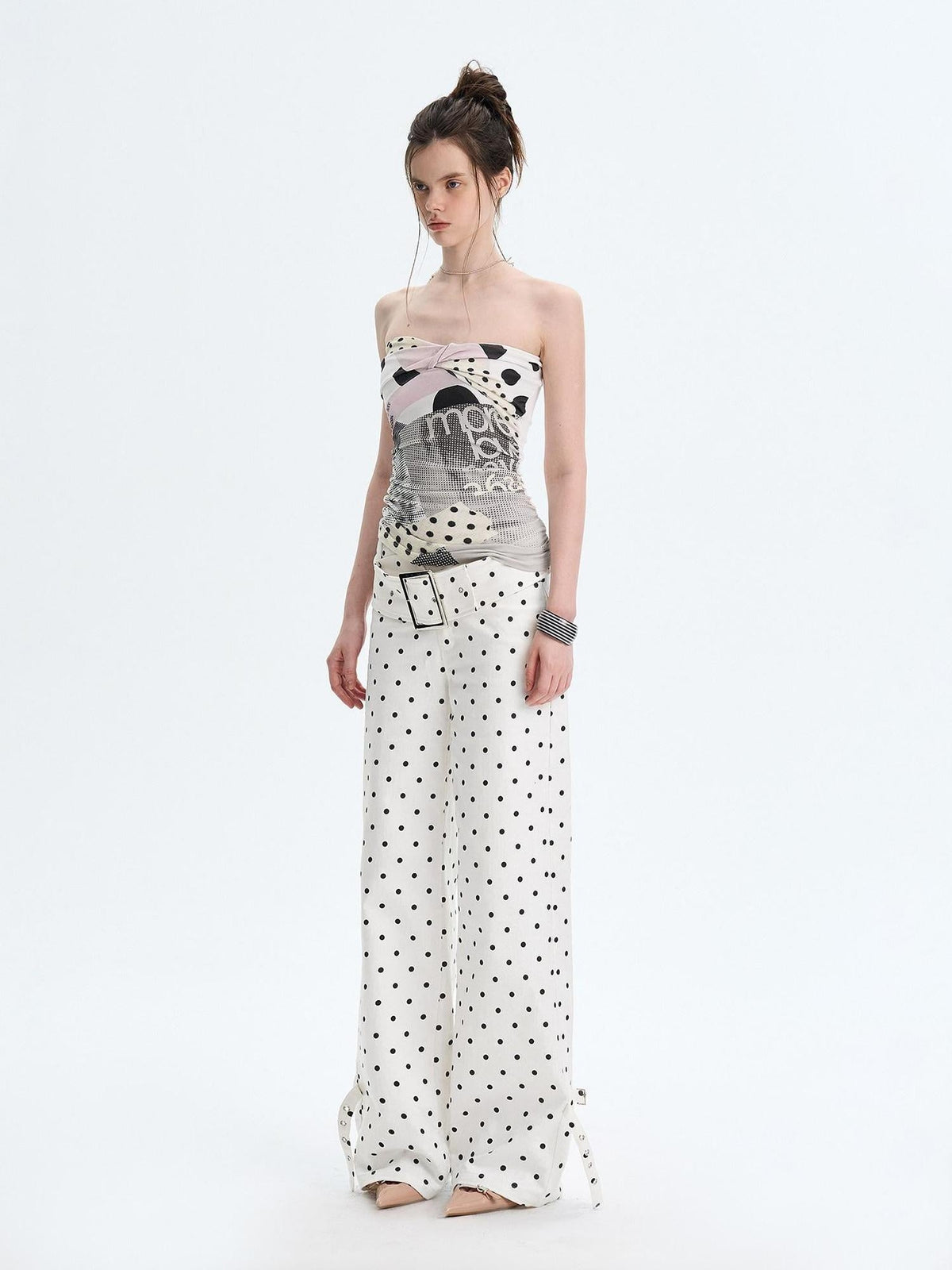 White Polka Dot V Waist Loose Fit Button Fly Women Denim Straight Leg Jeans