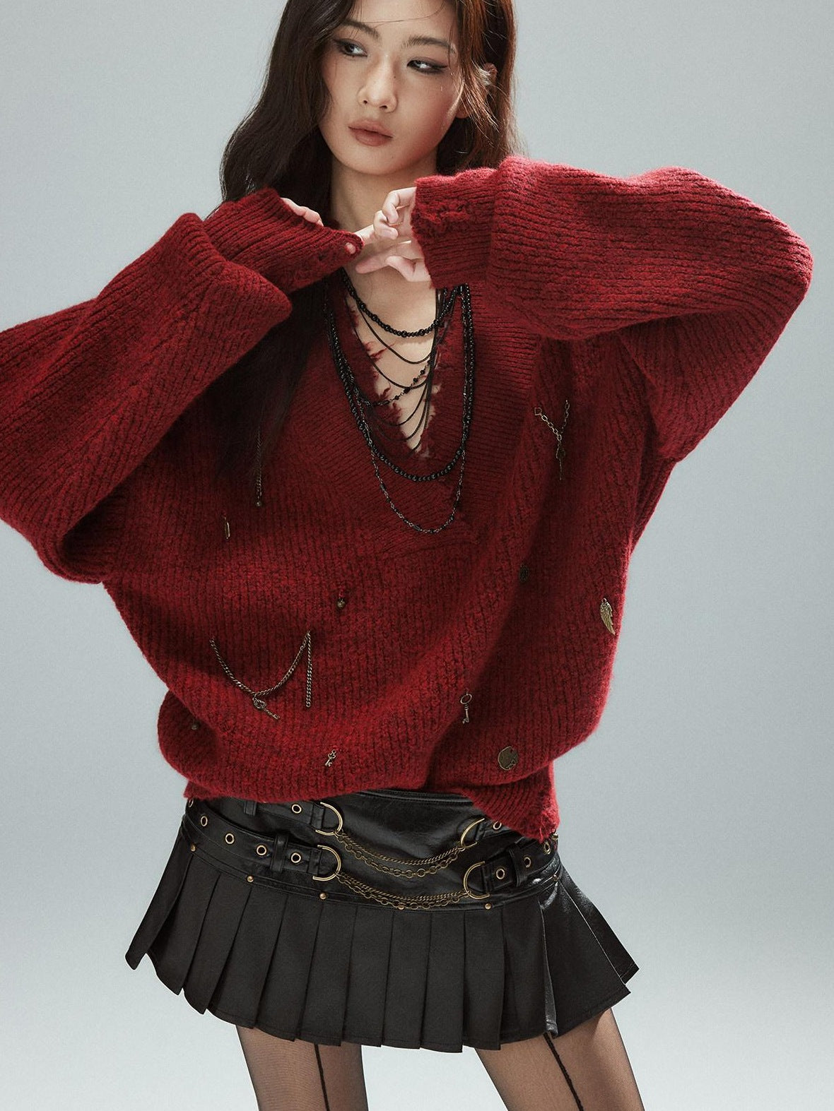Warm Oversized Street Raw Hem Women V-neck Red Pullover Sweaters