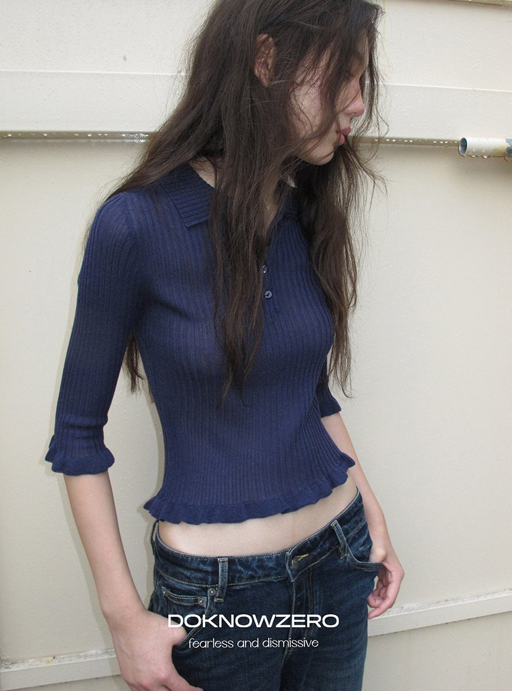 Midnight Ruffle Polo Knit Top