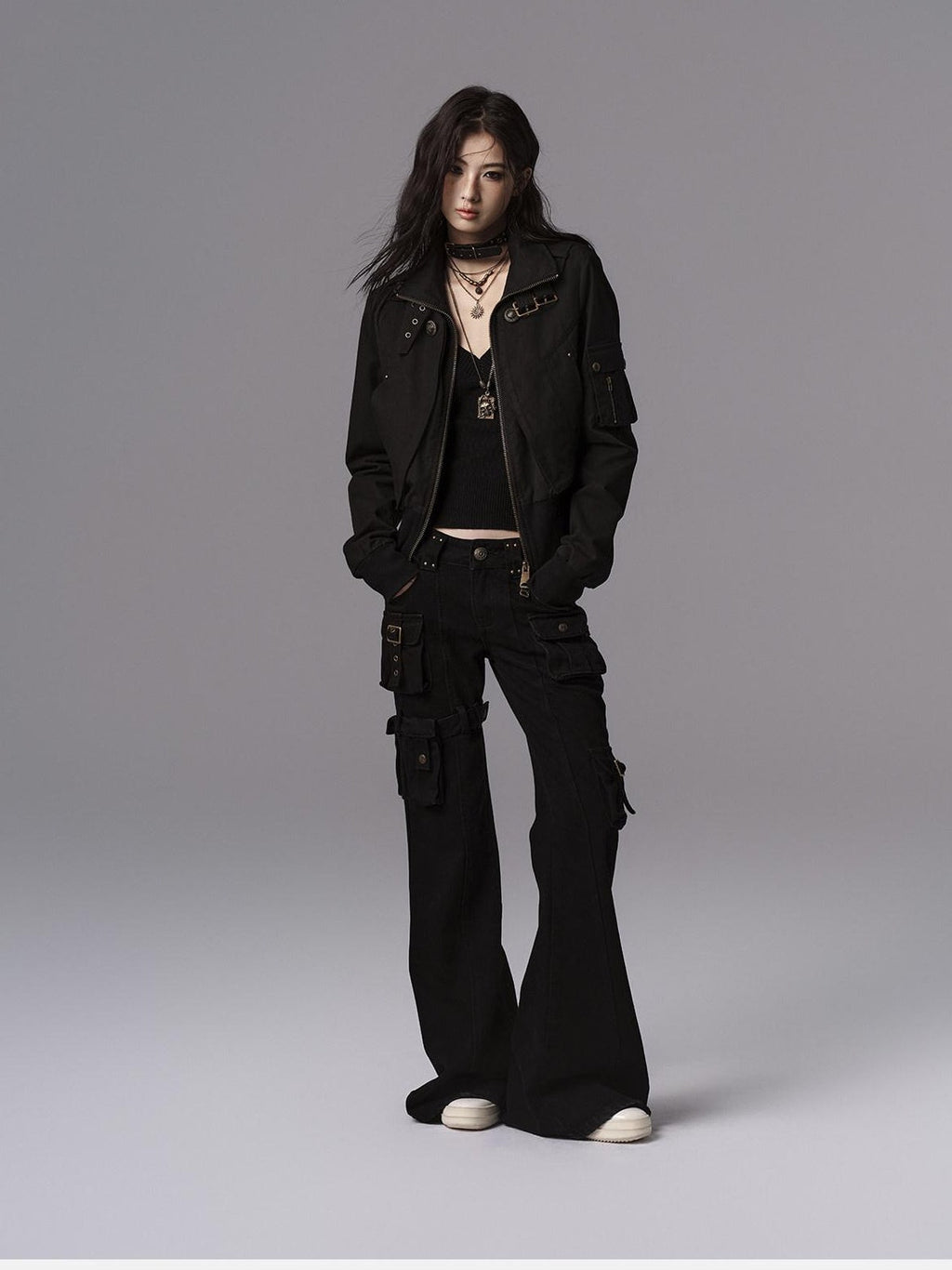 Dark Gothic Flared Mid Rise Pocketed Cotton Zip Fly Women Black Cargo Pants