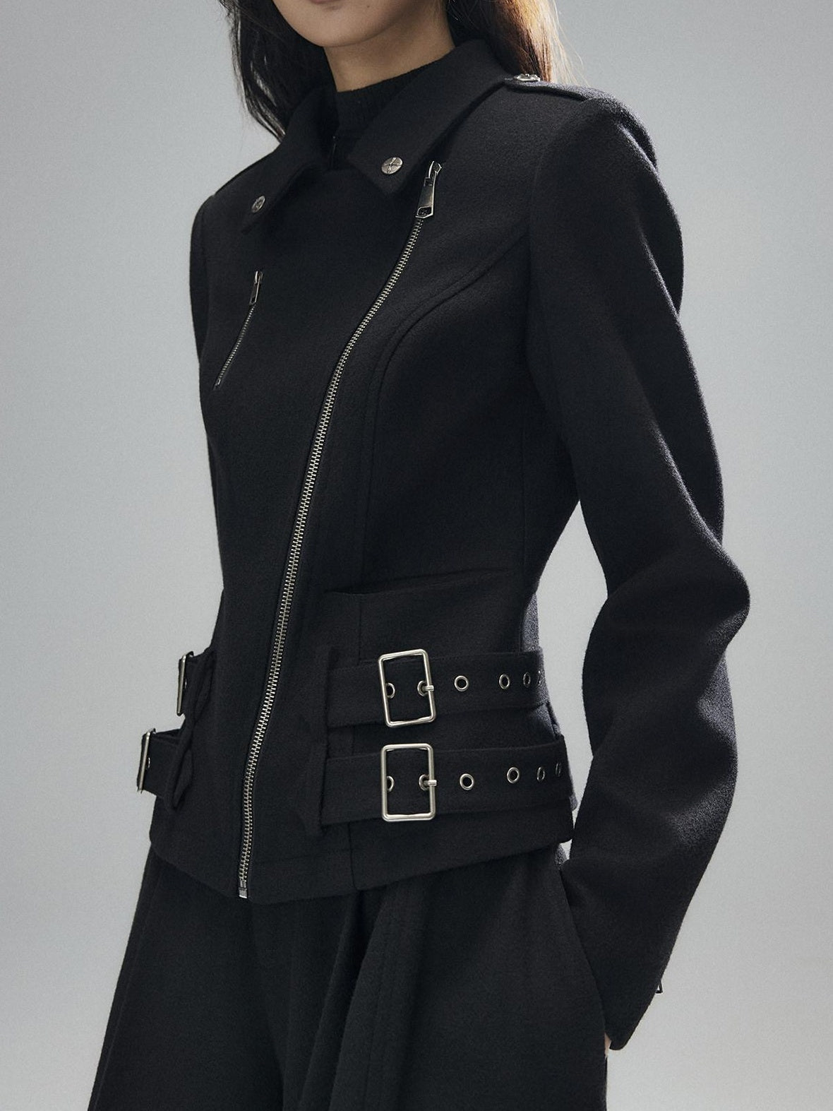 Wool Blend Thick Slim Fit Street Euro Zip Front Black Cropped Jackets