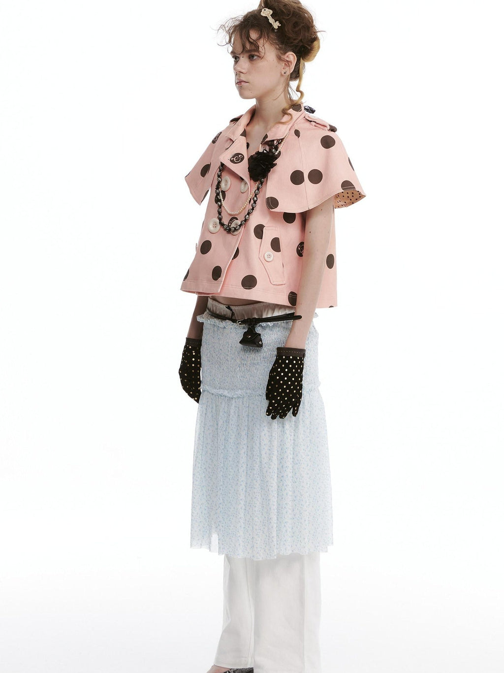 Windproof Cotton Stretch Cute Cropped Doublebreasted Unisex Polka Dot Blouses