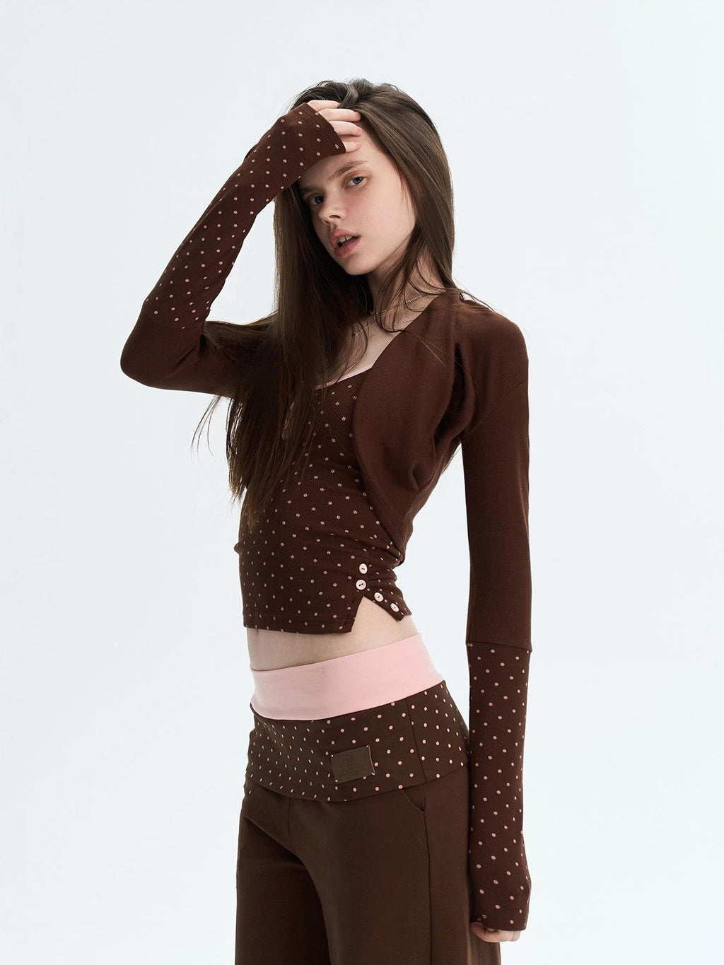 Polka Dot Patchwork Three Piece Long Sleeve Women Long Pants Top & Pants Sets