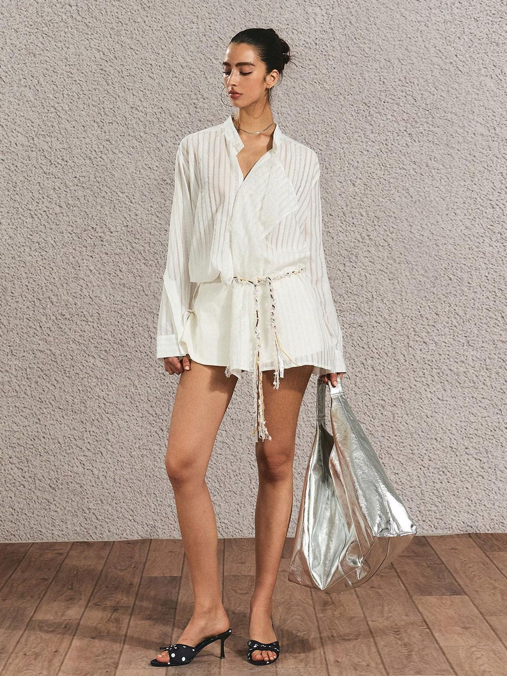Breathable French Slim Button Stripe Open Cardigan Waist Tie Women Shirts