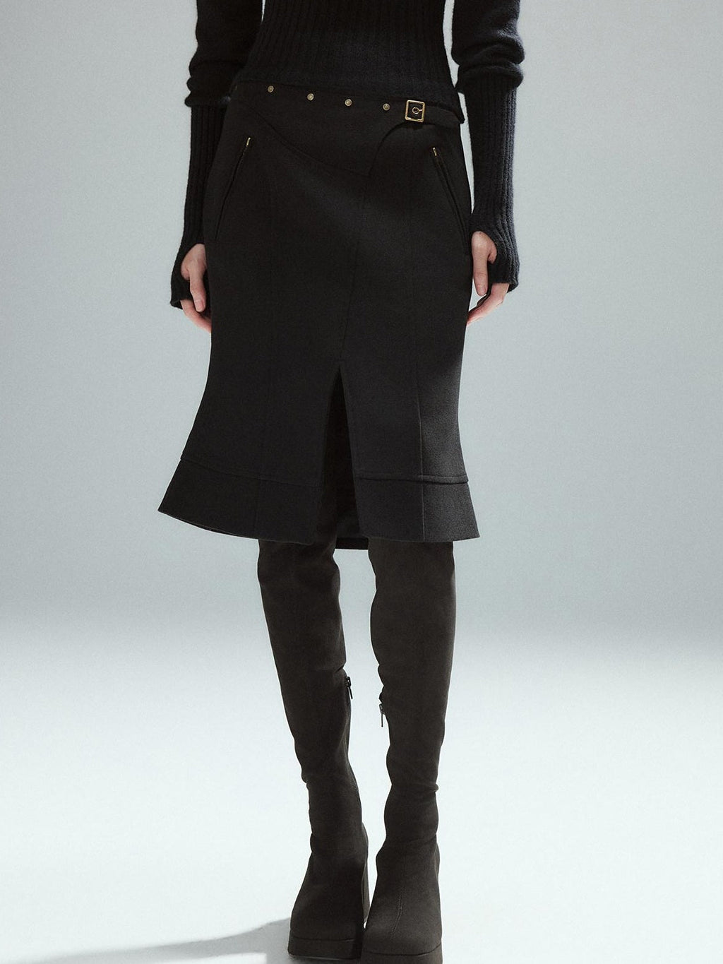 Wool Blend Lined Patchwork Hline Slim Low Waist Black Side Zip Midi Skirts