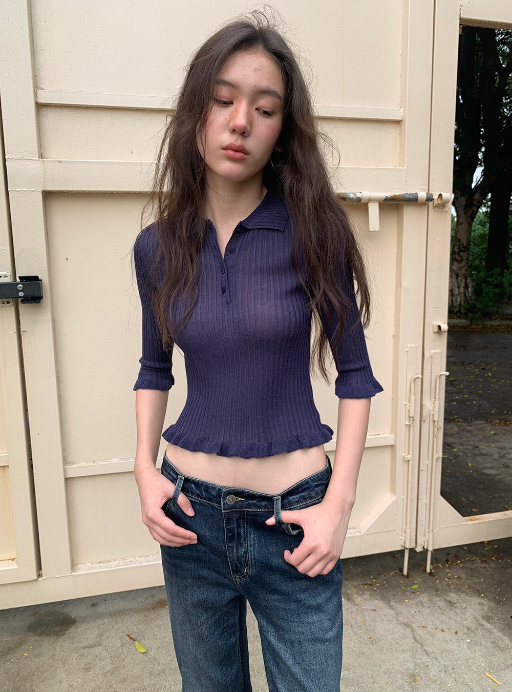 Midnight Ruffle Polo Knit Top