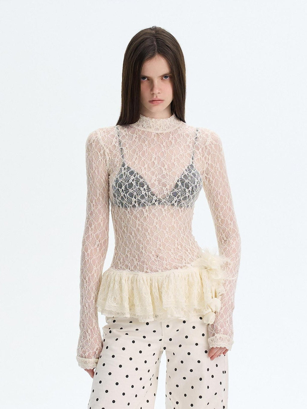 High Stretch Nylon Lace Vintage Slim Layered For Women Long Sleeve Crop Tops
