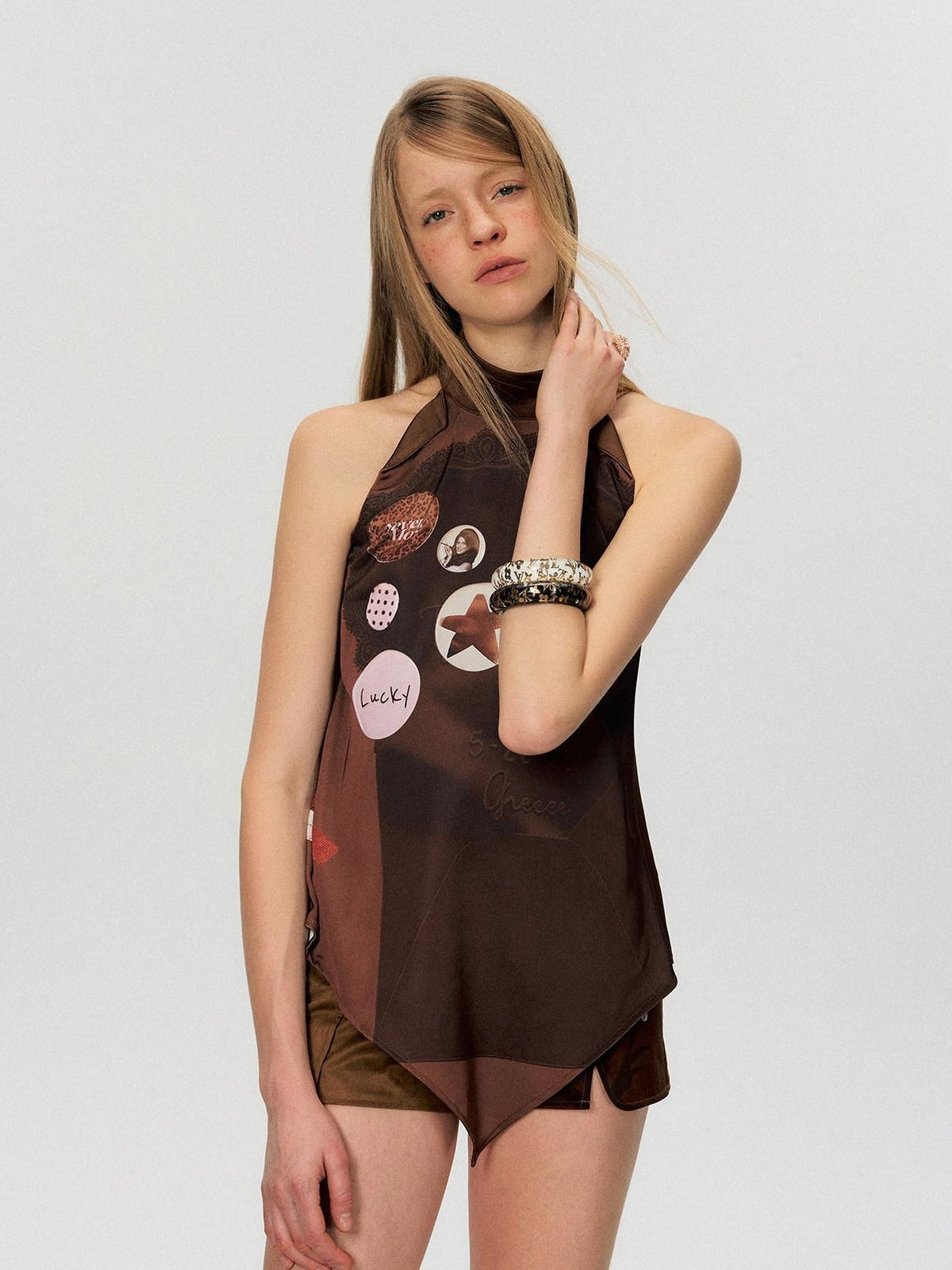 Silky Polyester Loose Mid Length Mock Neck Halter Women Satin Look Camisoles