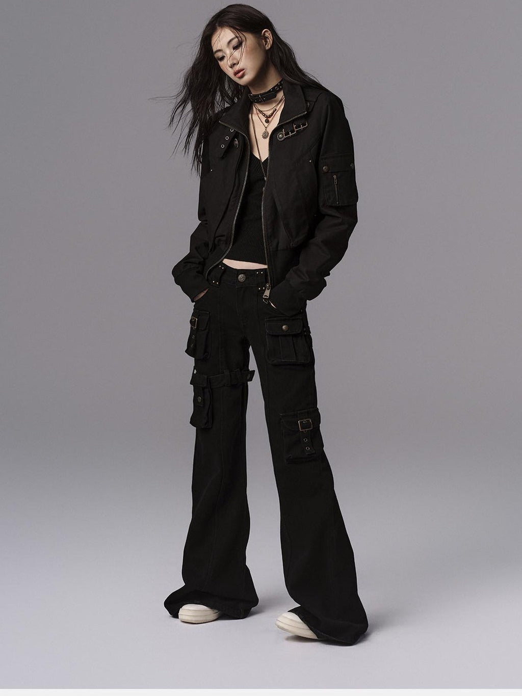 Dark Gothic Flared Mid Rise Pocketed Cotton Zip Fly Women Black Cargo Pants