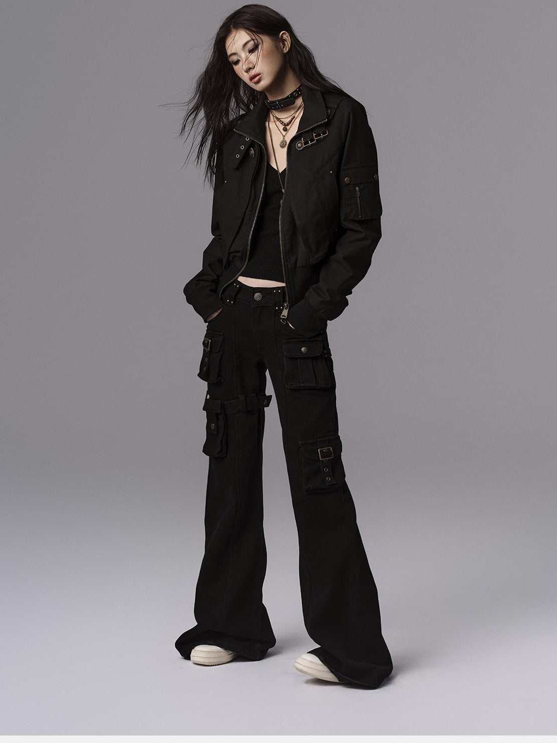 Dark Gothic Flared Mid Rise Pocketed Cotton Zip Fly Women Black Cargo Pants