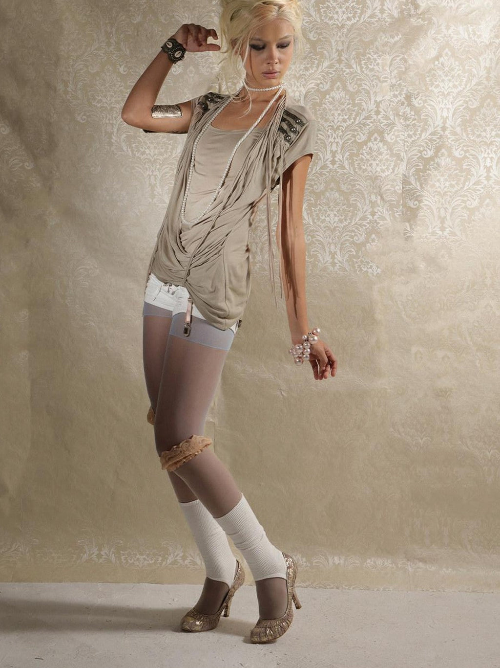 Desert Sand Asymmetric Draped Tassel Knit Women'S Lyocell Short Sleeve T-Shirts