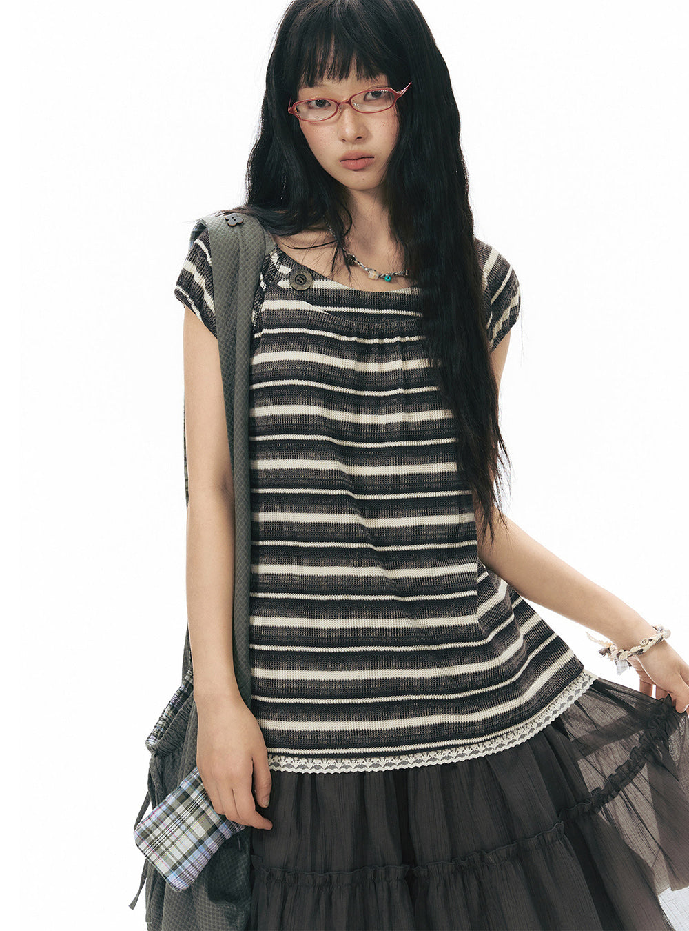 Retro Brown Stripe Button Top