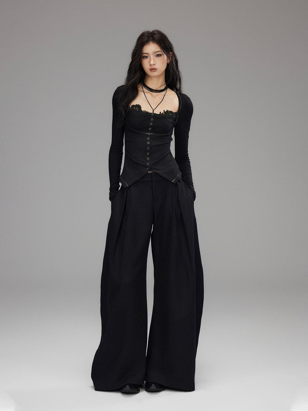 Black Wool Blend Low Rise Zipper Casual Straight Hem Women Wide Leg Pants